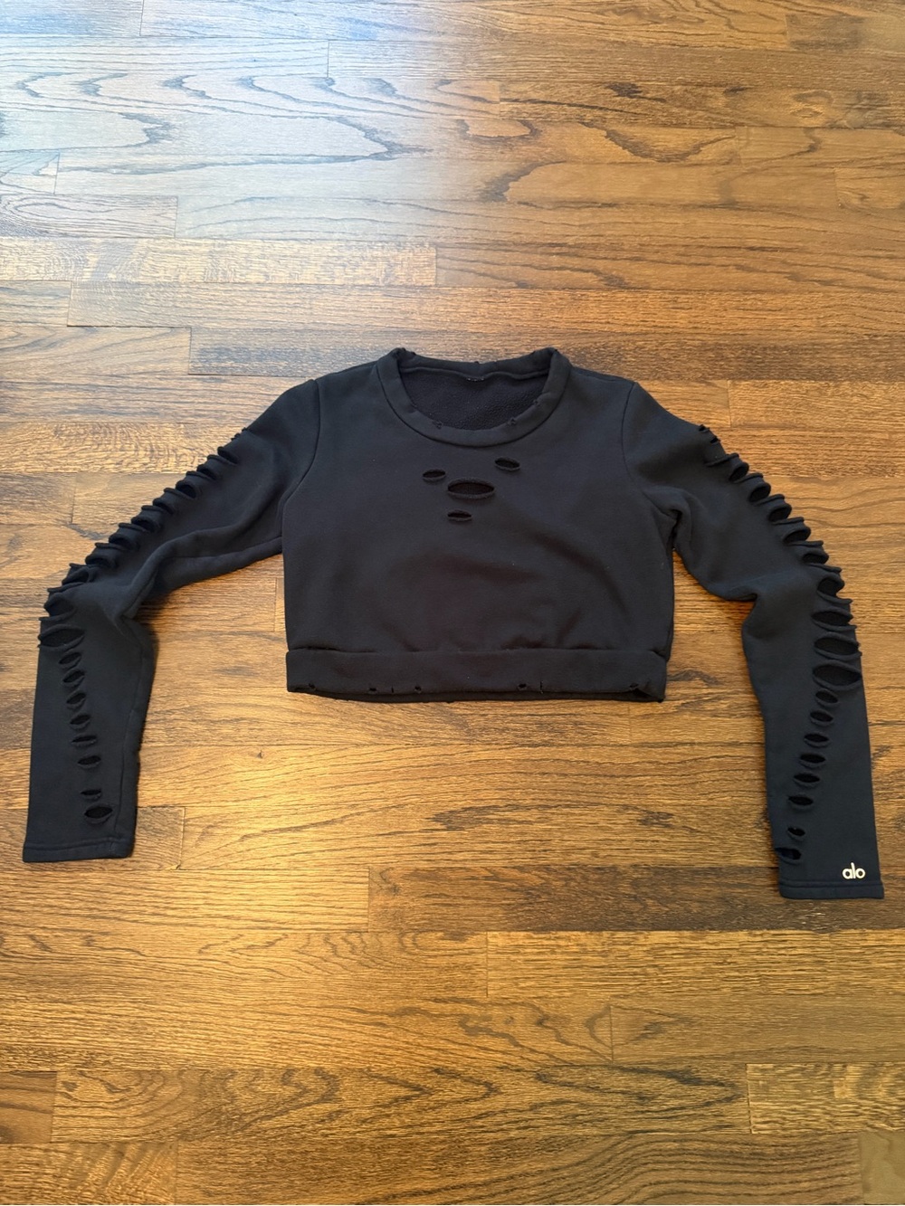 Alo Black Ripped Cropped Sweatshirt, Size XS